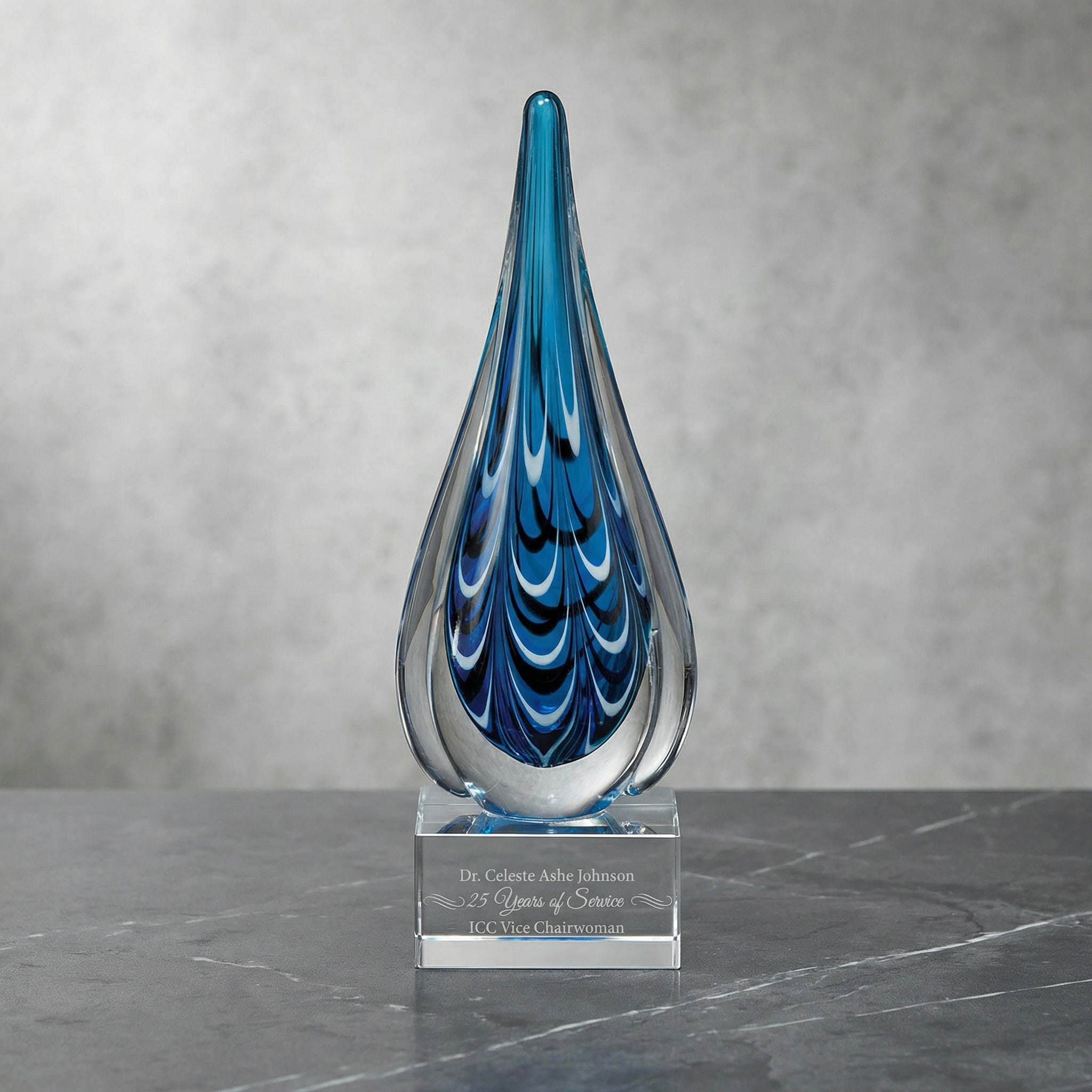Personalized Blue & Black Teardrop Art Glass Award (10")