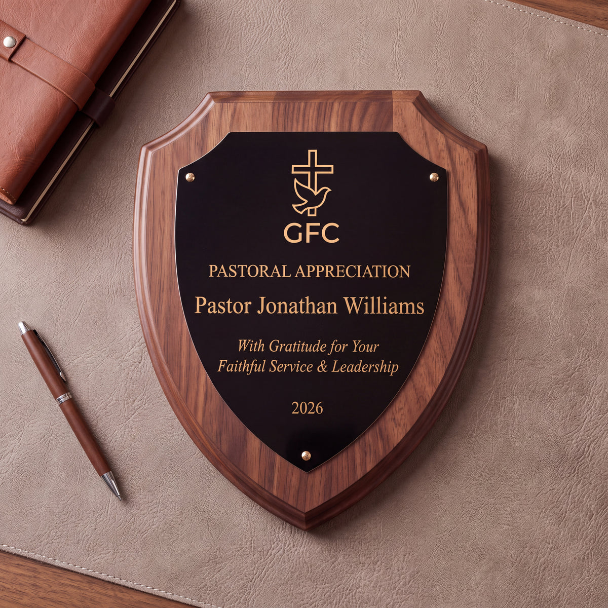 Personalized Walnut Finish Shield Plaque | Black & Gold Engraved Plate