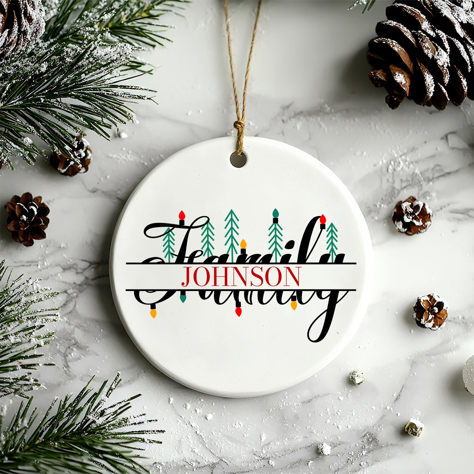 Family Name Ornament with Christmas Lights | Personalized Holiday Ornament