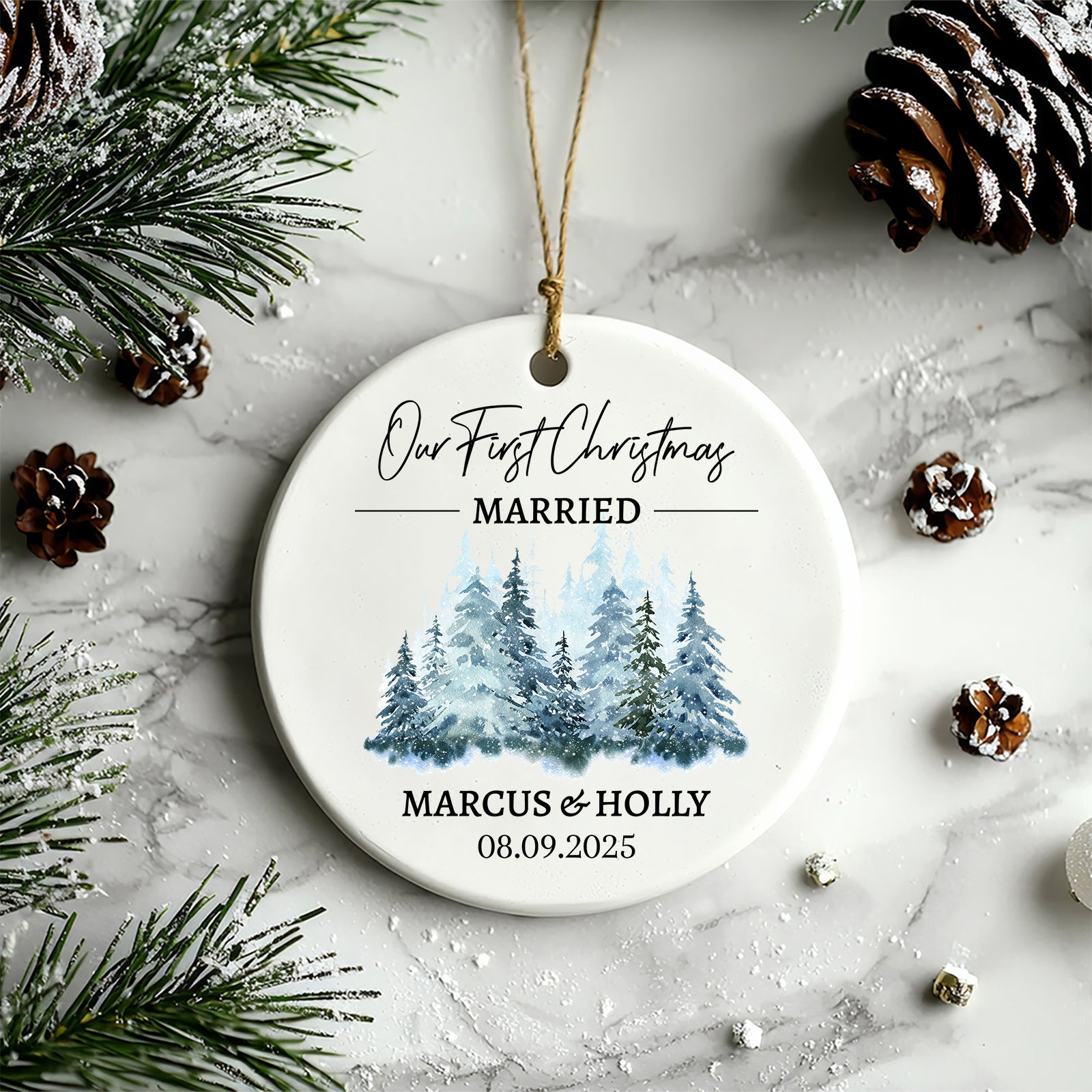 Our First Christmas Married Ornament – Blue Winter Forest Design (Personalized)