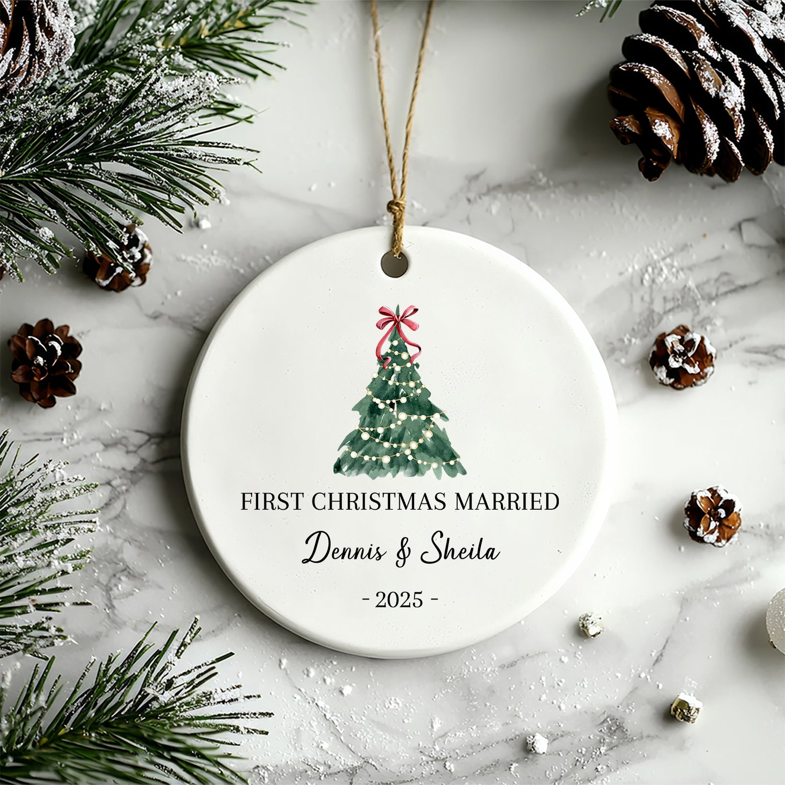 First Christmas Married Ornament – Christmas Tree With Lights (Personalized)