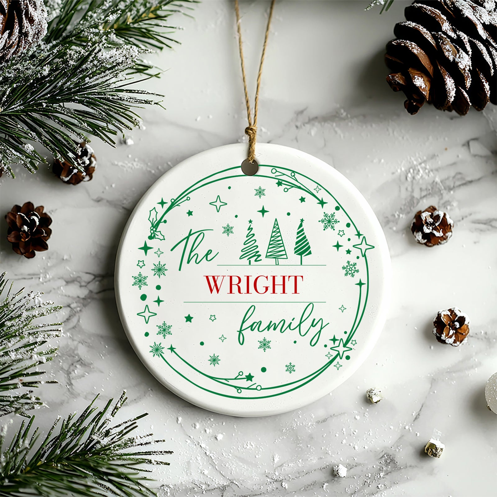 Green Wreath Family Name Ornament | Personalized Christmas Ornament