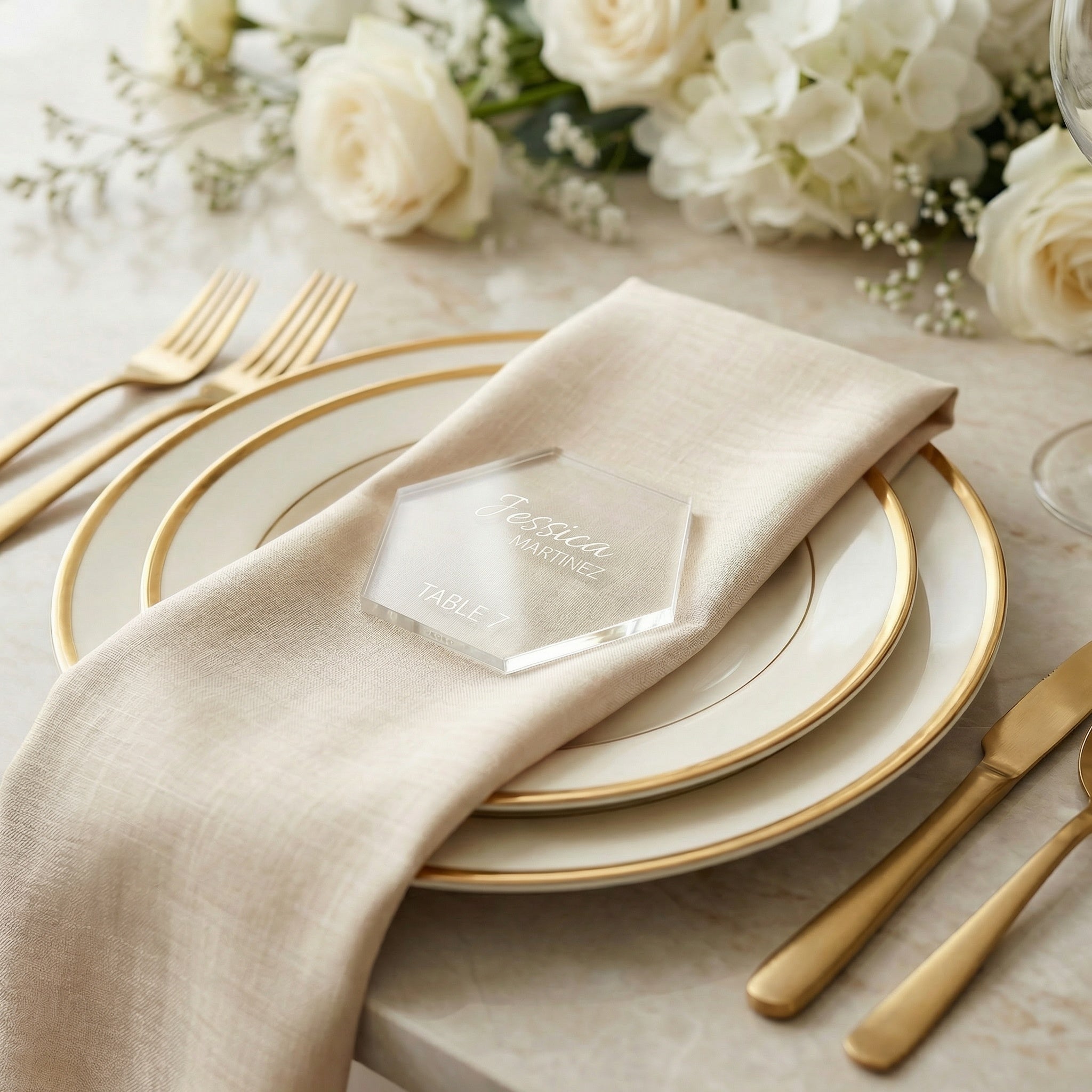 Modern Hexagon Wedding Place Cards – Acrylic or Wood Table Name Settings (3.32” x 2.875”)
