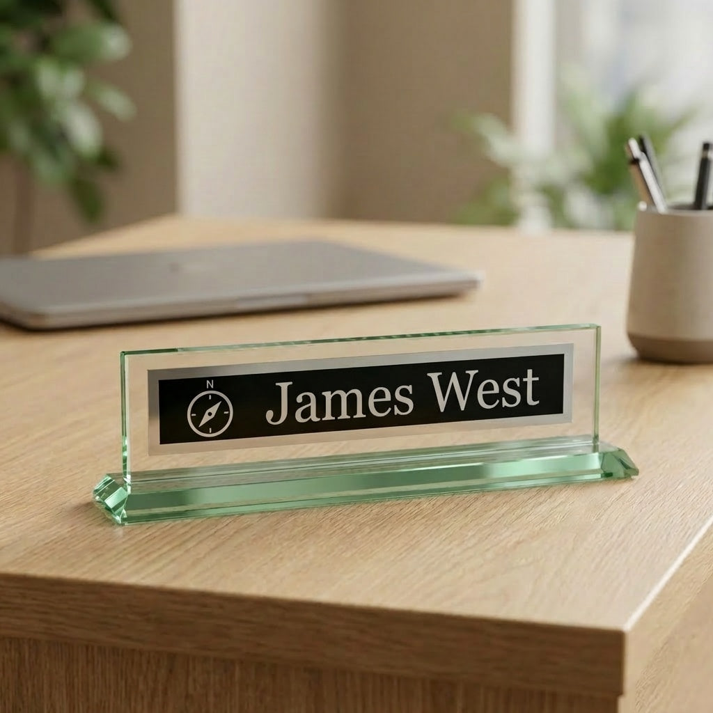 Glass Name Plate – Name & Logo | Personalized 10" Engraved Desk Plate