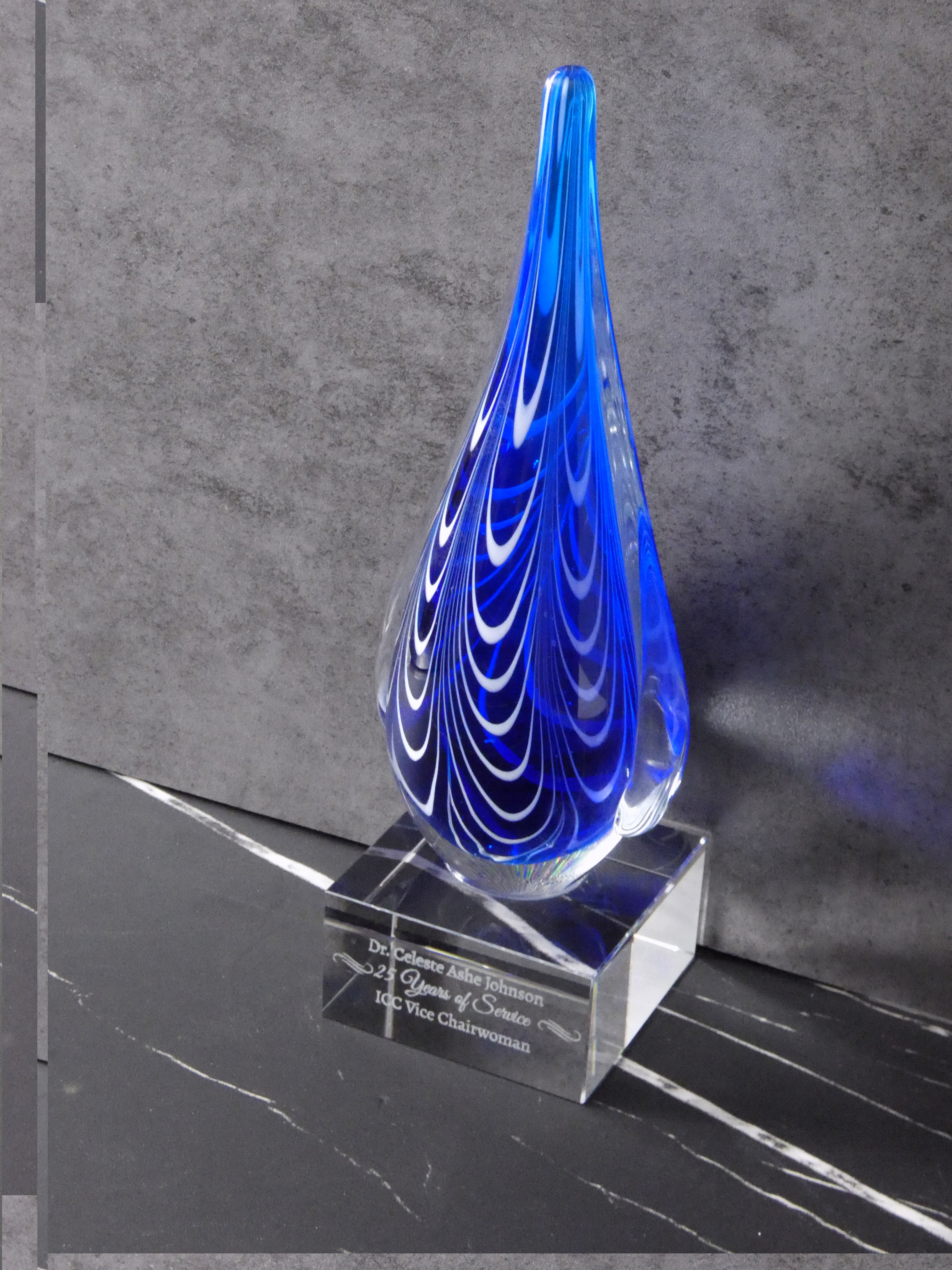 Personalized Blue & Black Teardrop Art Glass Award (10")