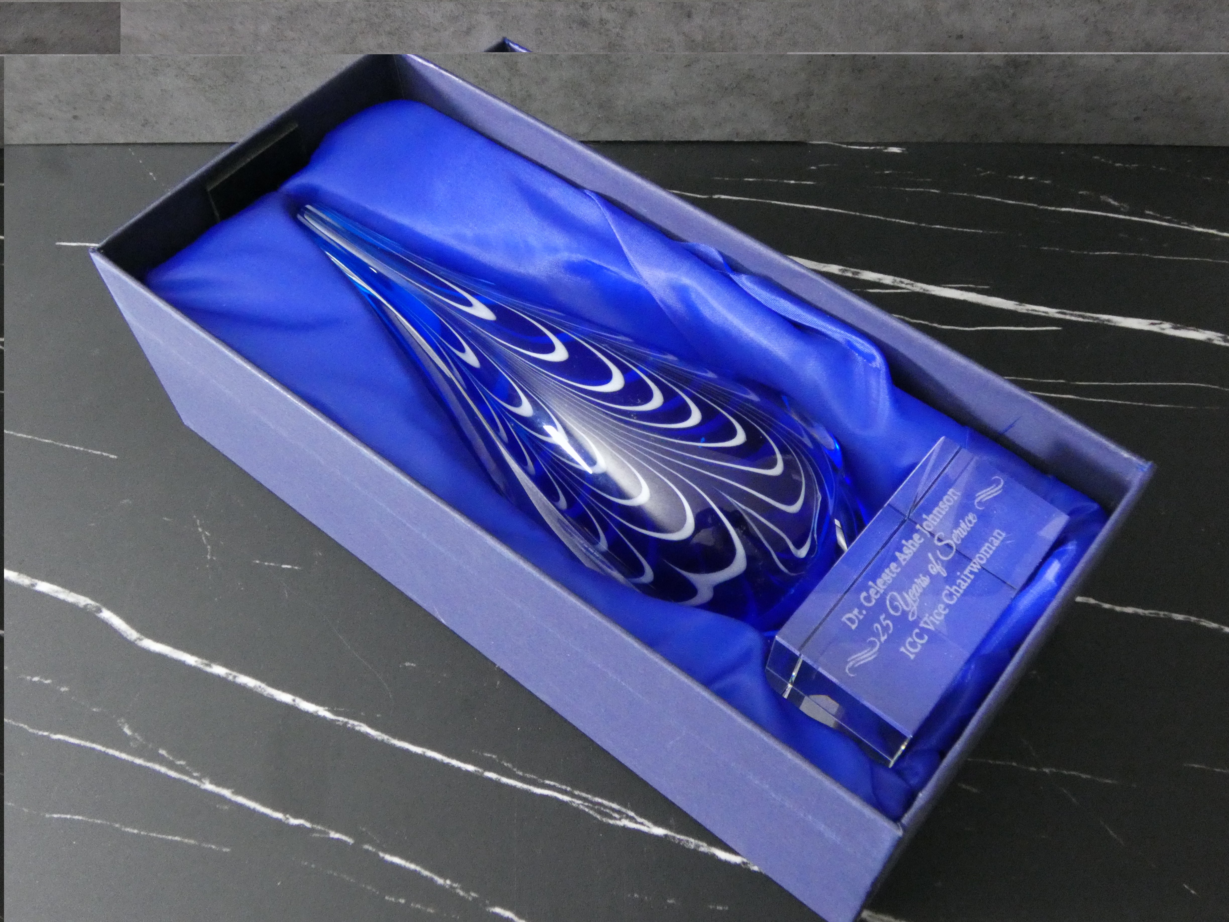 Personalized Blue & Black Teardrop Art Glass Award (10")