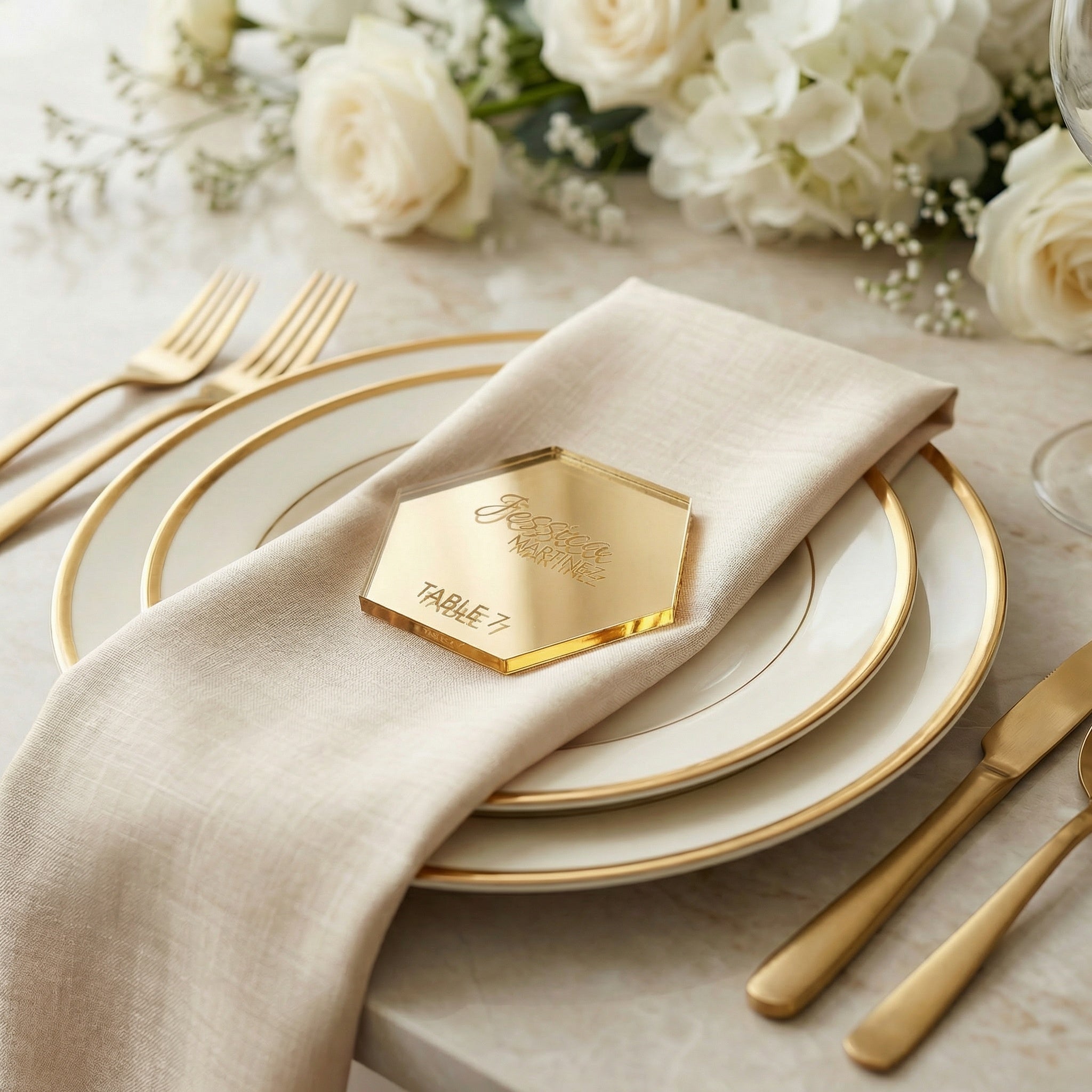 Modern Hexagon Wedding Place Cards – Acrylic or Wood Table Name Settings (3.32” x 2.875”)