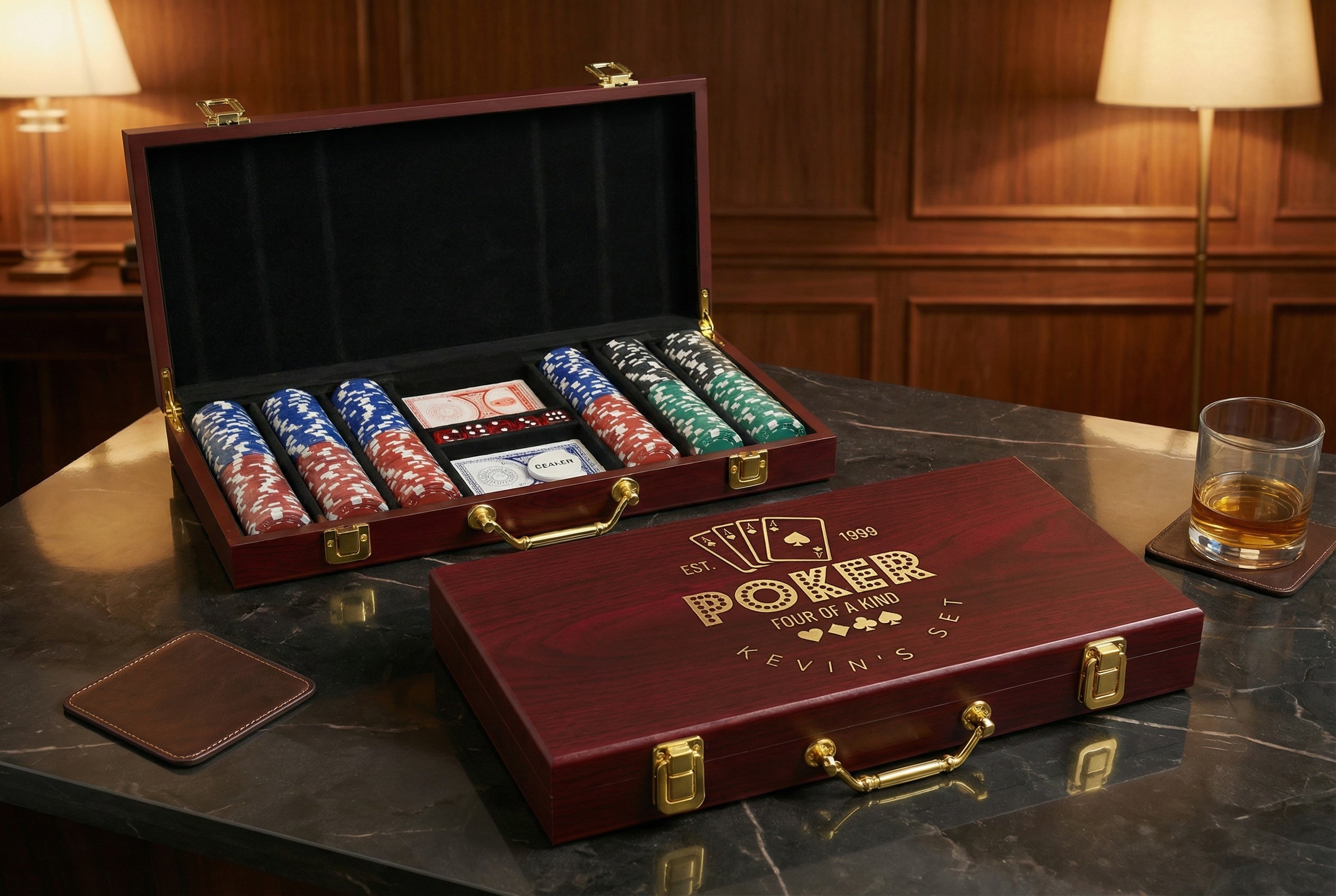 Four of a Kind Custom Engraved Poker Gift Set – Rosewood Case