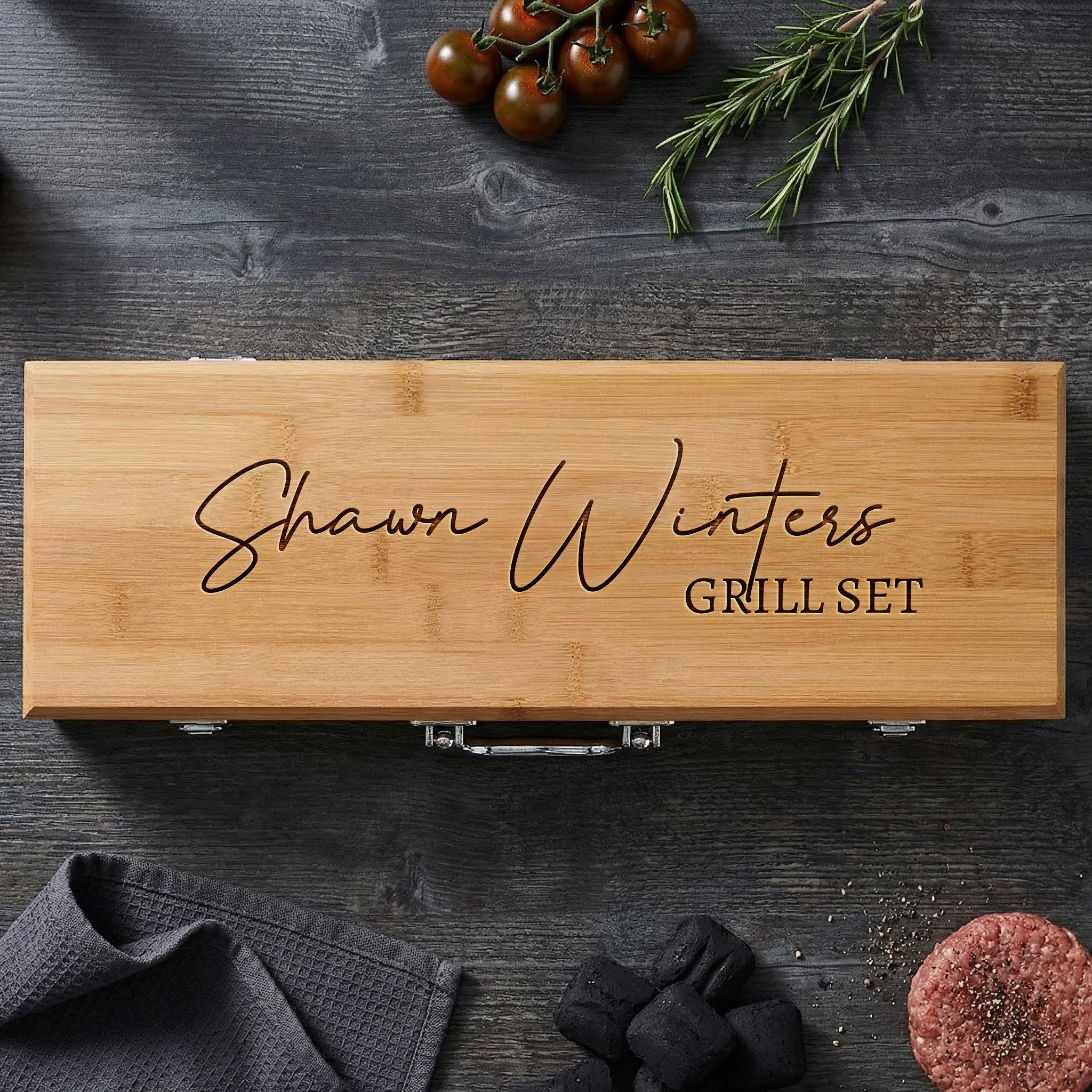 Personalized Bamboo BBQ Grill Set – Signature Name Engraving