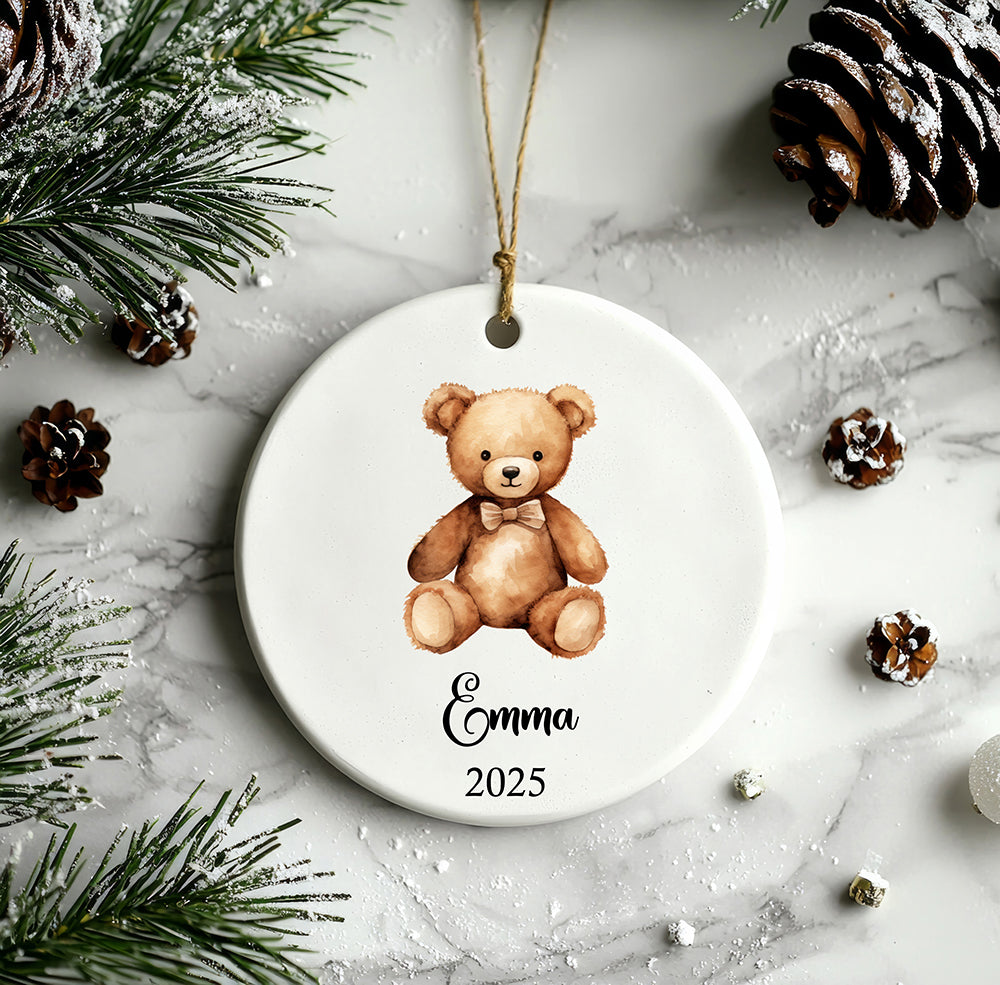 Baby’s First Christmas Teddy Bear Ornament – Personalized Baby Ornament with Name & Year – Ceramic Keepsake Gift