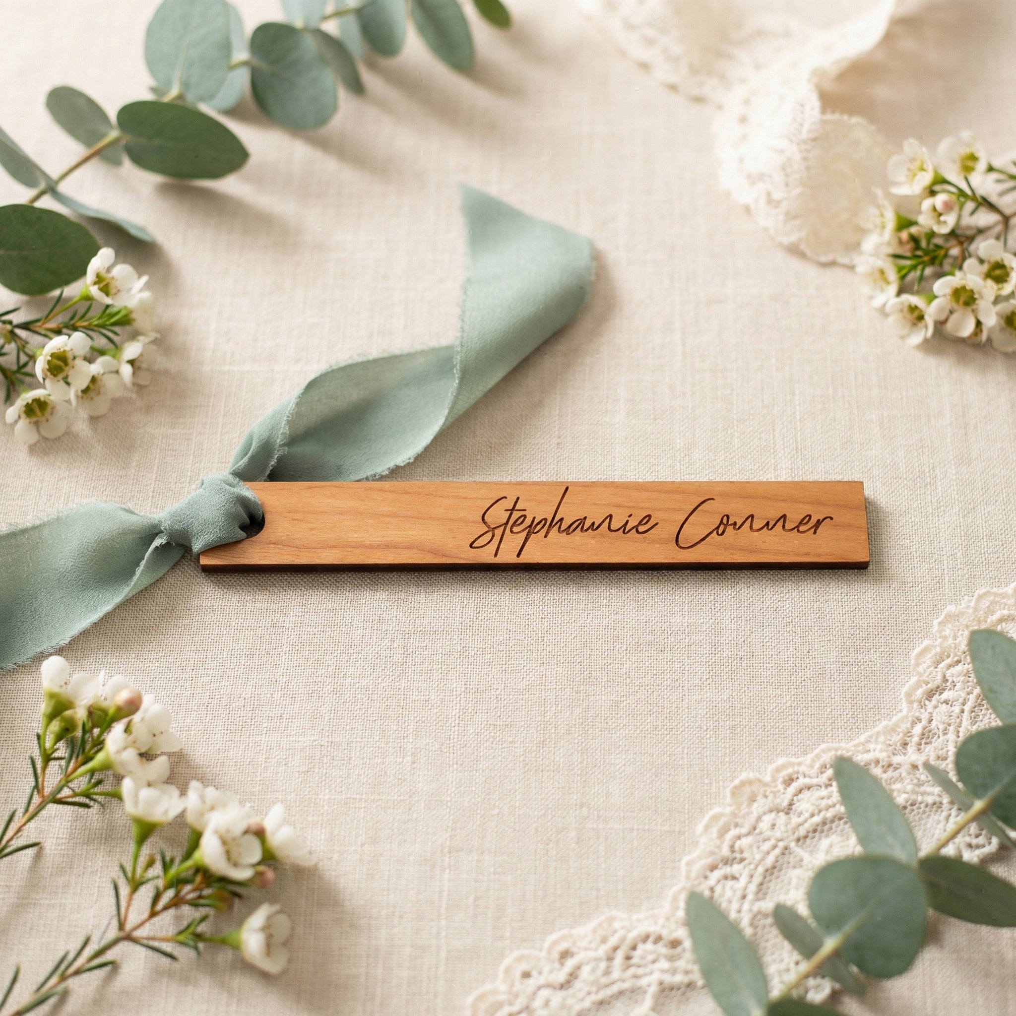 Personalized Wedding Name Tags with Ribbon Hole | Engraved Escort Place Cards | Wooden & Acrylic Guest Name Tags | Wedding Seating Tags