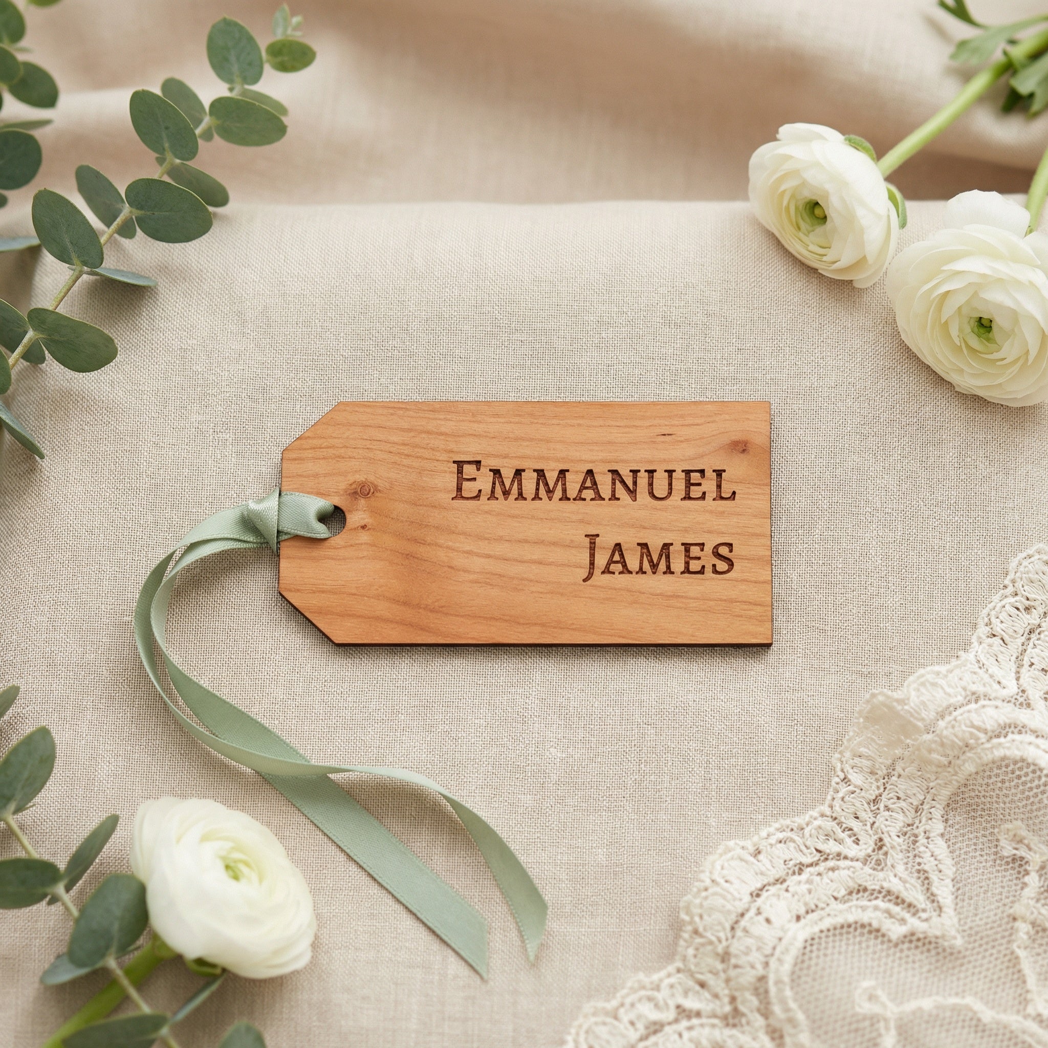 Personalized Wedding Name Tag Place Cards with Ribbon Hole | Engraved Escort Tags | Wood & Acrylic Wedding Place Cards