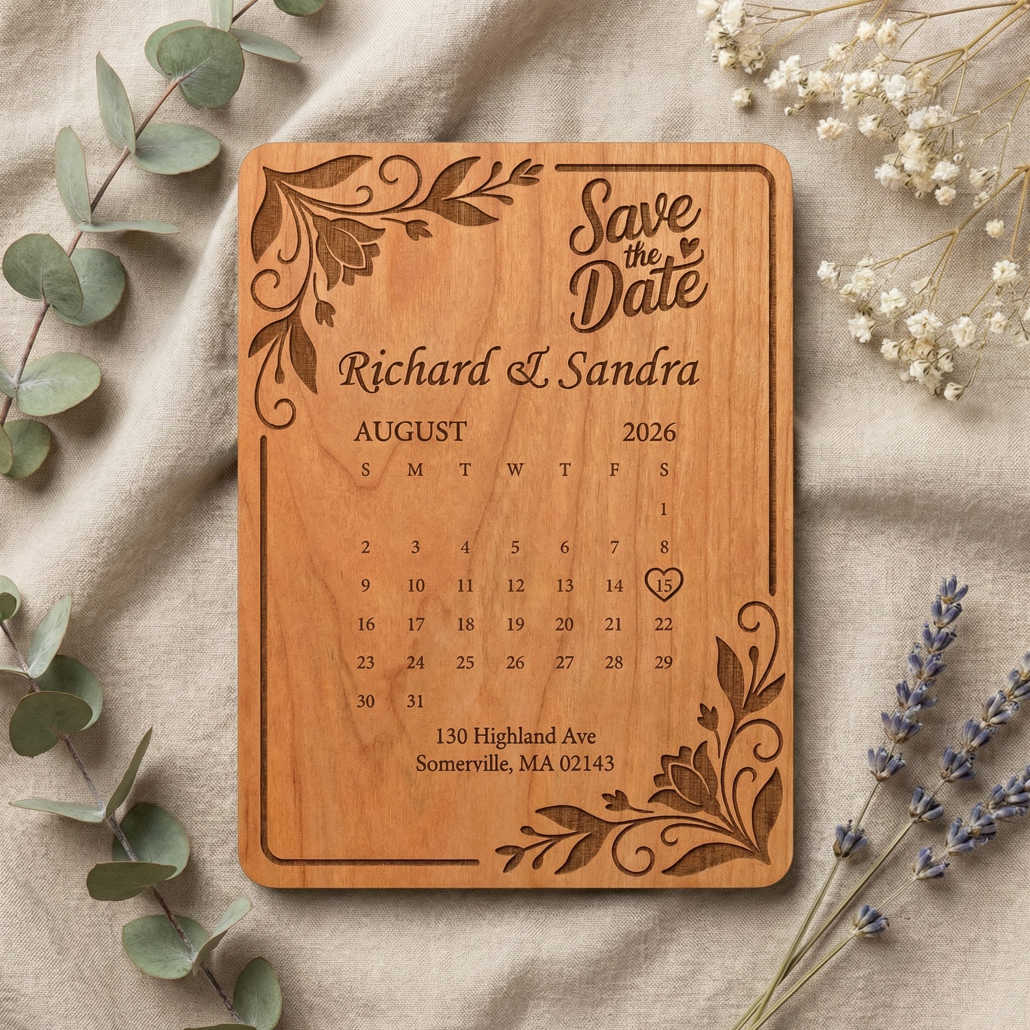 Floral Calendar Save the Date | Engraved Wood Wedding Announcement | Optional Magnet