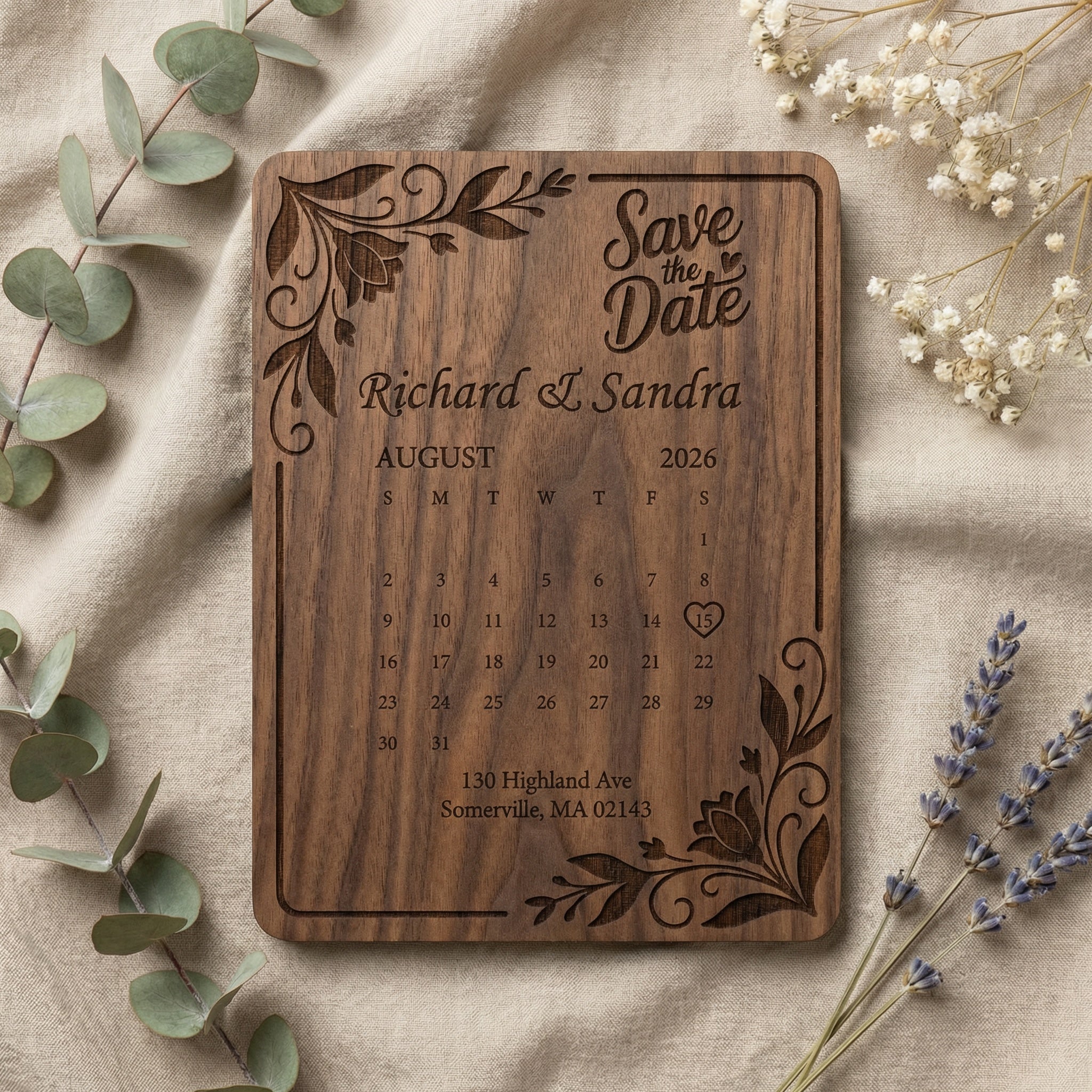 Floral Calendar Save the Date | Engraved Wood Wedding Announcement | Optional Magnet