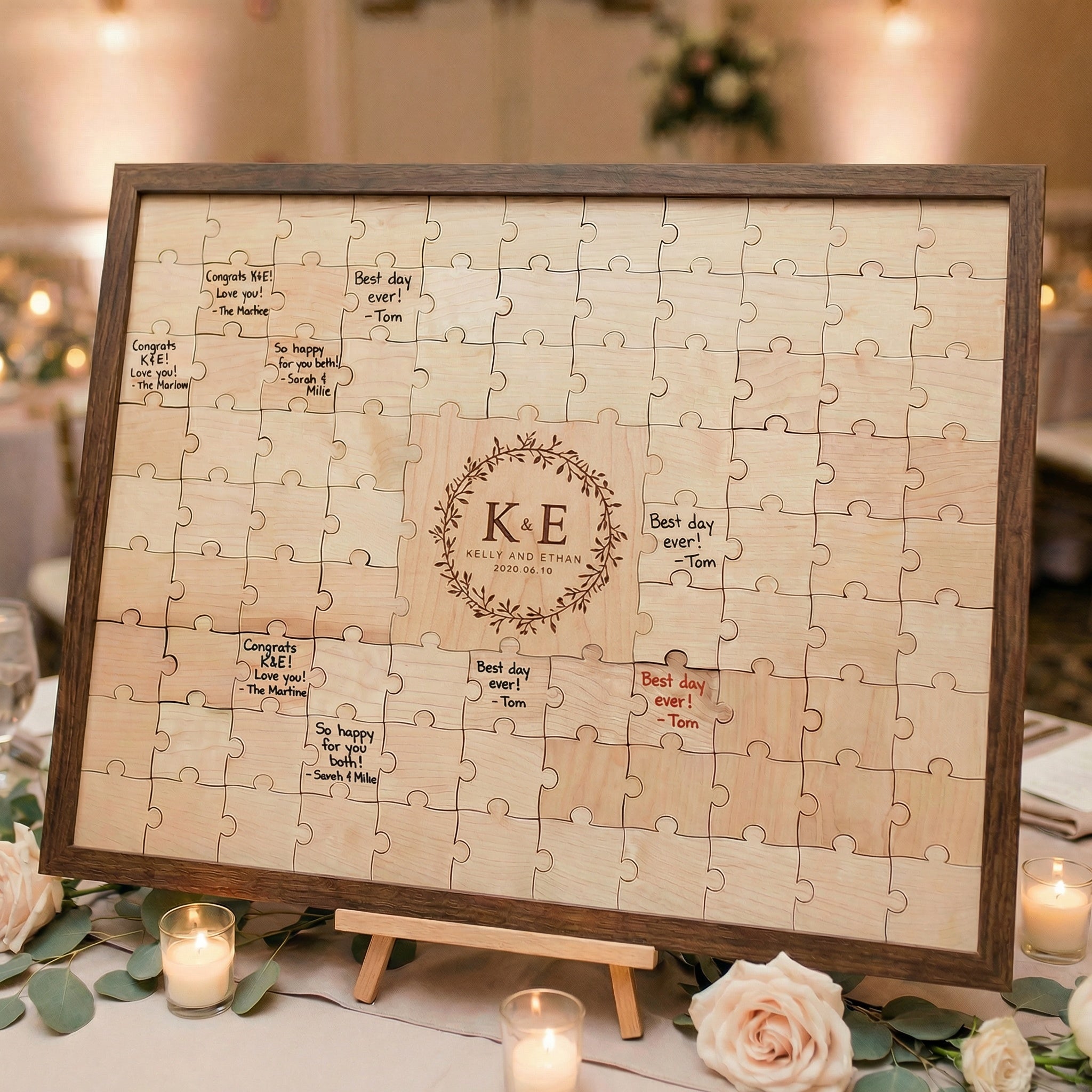 Floral Wreath Initials Puzzle — Personalized Wedding Guestbook Alternative