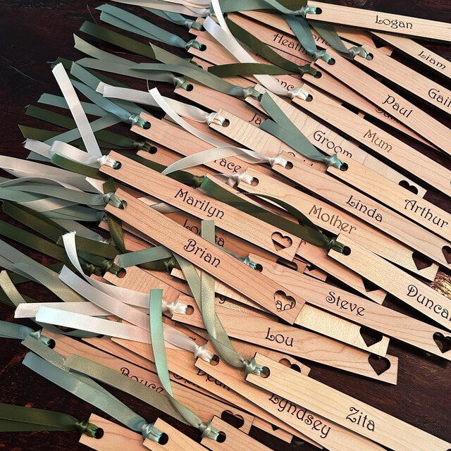 Personalized Wedding Place Cards – 6"x 3/4" Wood or Acrylic Name Tags with Heart Cutout