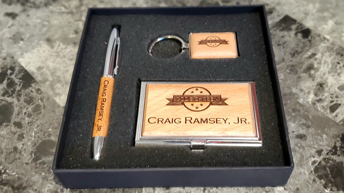 Personalized Silver/Wood Finish Business Card Case, Pen & Keychain Gift Set | Custom Engraved Office Gift Set