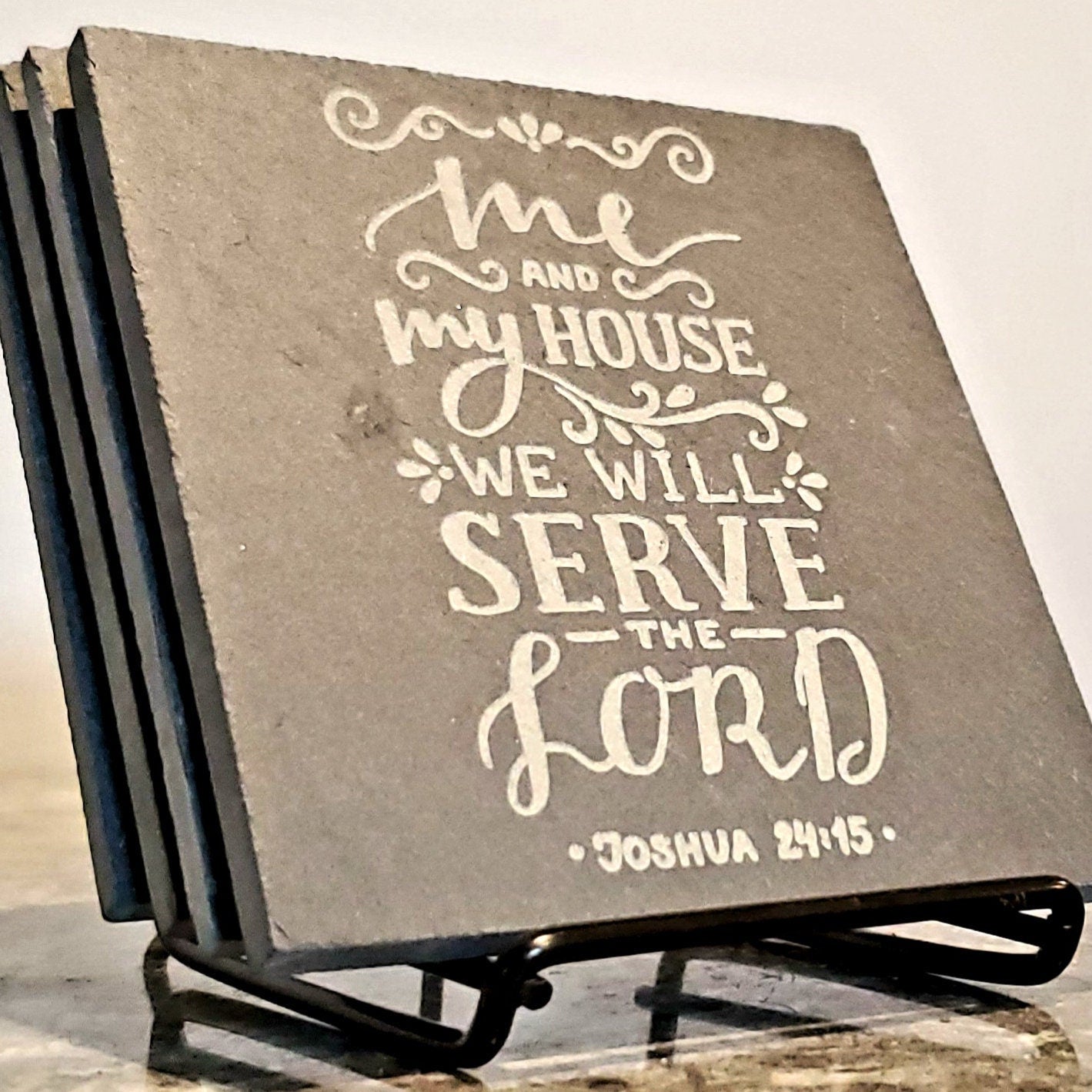 As for Me and My House Slate Coaster Set [Clean Edge] | Joshua 24:15 Scripture Stone Drink Coasters