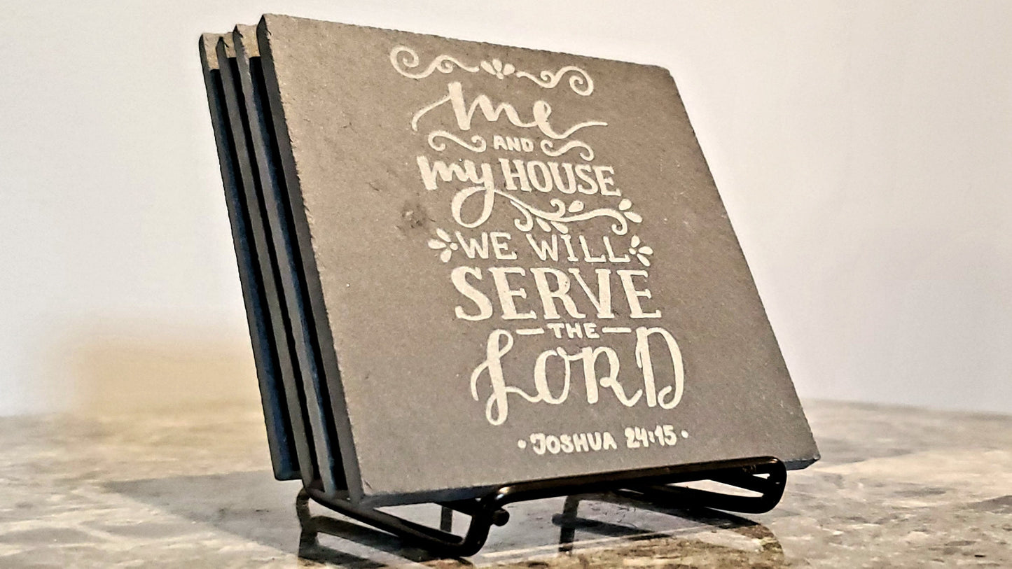 As For Me And My House We Will Serve The Lord Coaster Set | Black Square Slab Slate