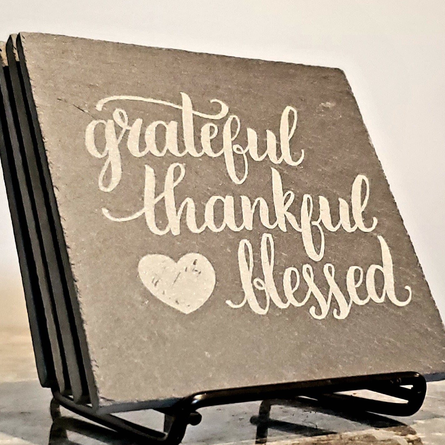 Grateful Thankful Blessed Coaster Set | Black Square Slab Slate