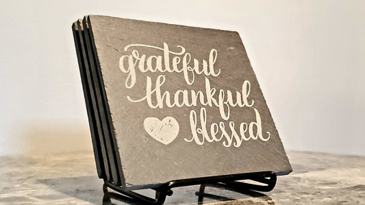 Grateful Thankful Blessed Coaster Set | Black Square Slab Slate