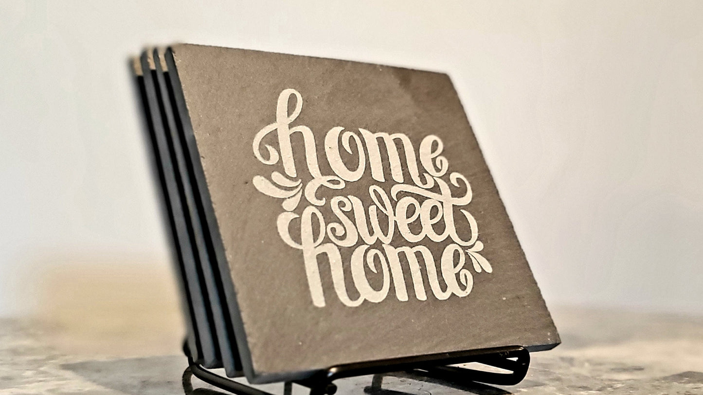 Home Sweet Home Coaster Set | Black Square Slab Slate