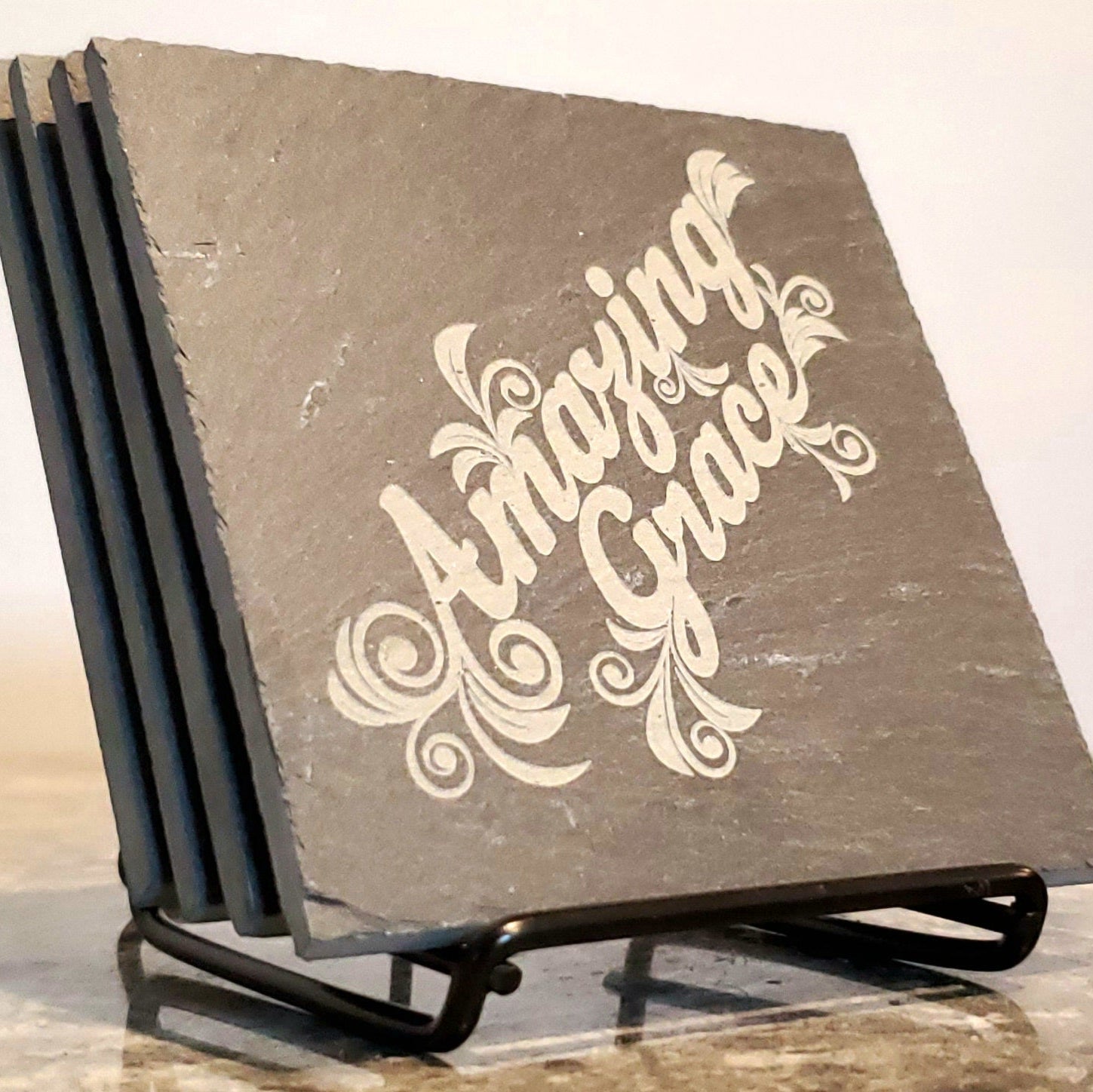 Amazing Grace Coaster Set | Black Square Slab Slate