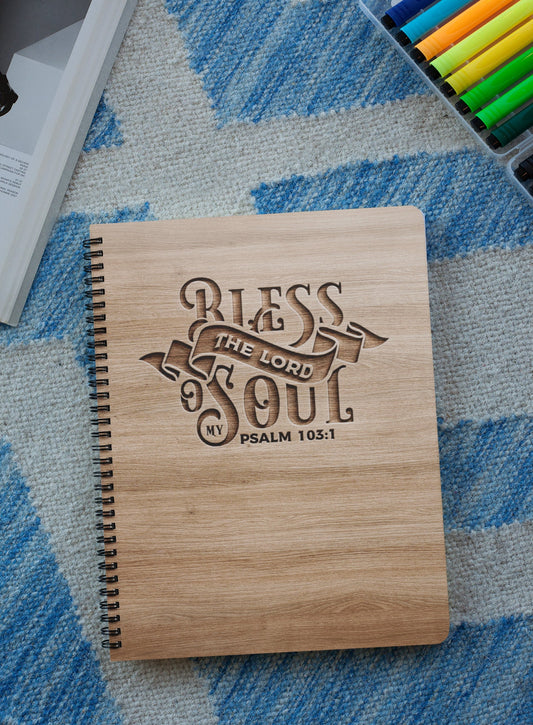 Bless the Lord O My Soul Wood Cover Notebook | Psalms 103 Personalized Sketchbook | Customized Engraved Notebook