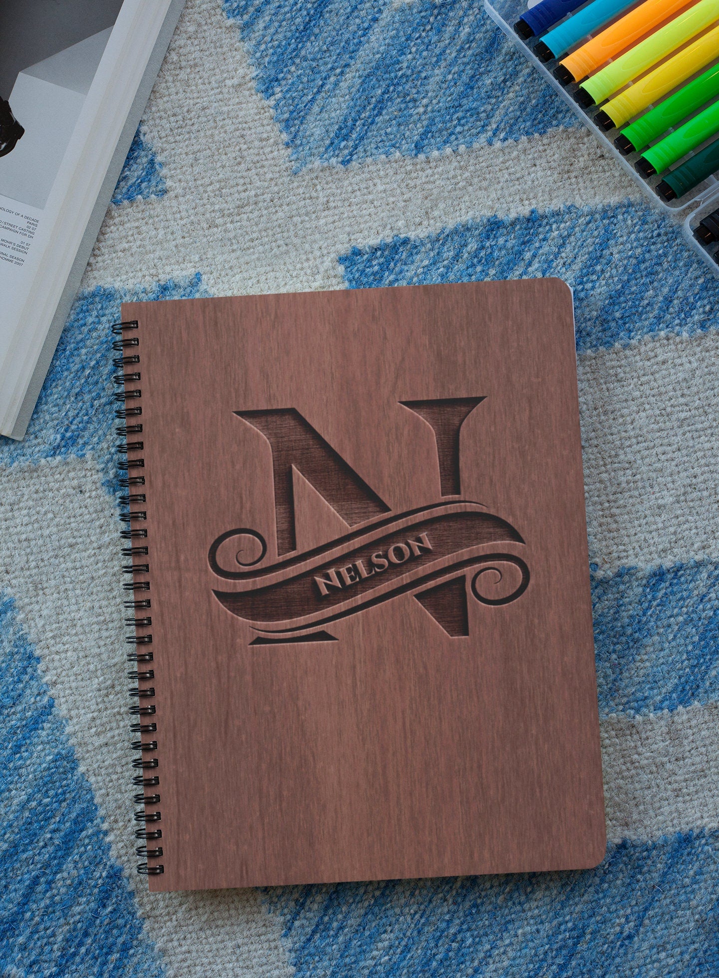 Ribbon Style Personalized Wood Cover Notebook | Ribbon Style Personalized Sketchbook | Custom Engraved Notebook