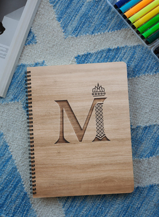 Royal Vintage Emblem Personalized Wood Cover Notebook | Royal Vintage Emblem Personalized Sketchbook | Custom Engraved Notebook