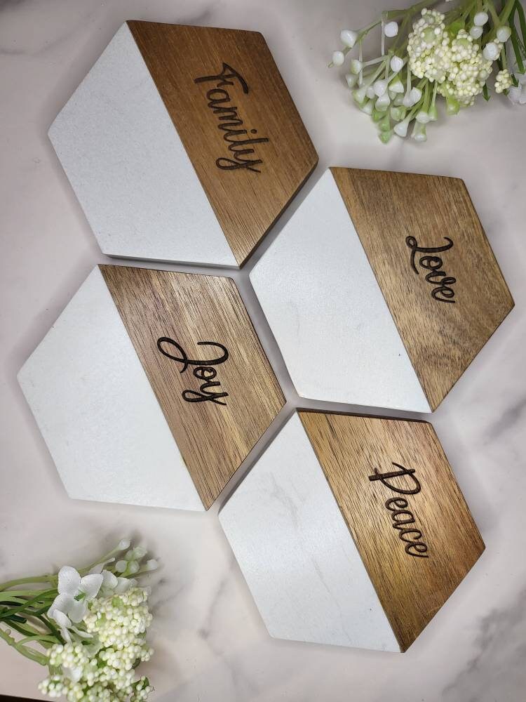 Customized Wood Marble Coasters | Personalized Coasters | Wedding Favor Coasters |