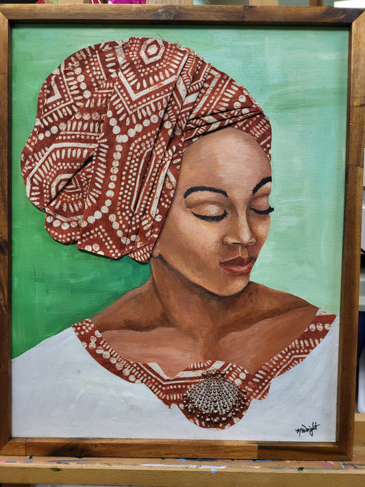 African American Woman Canvas Painting | Closed Eyes Meditating Woman Acrylic Painting | Original Painting with Fabric