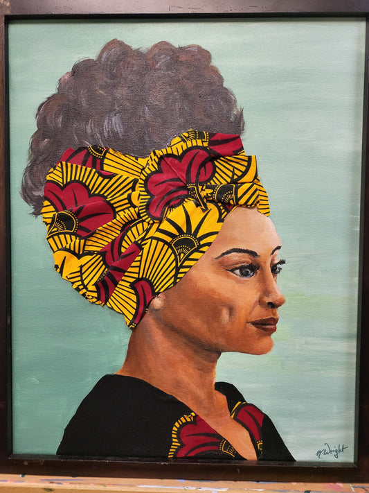 African American Woman Canvas Painting | Mature Woman with Dimple Acrylic Painting | Original Painting with Fabric