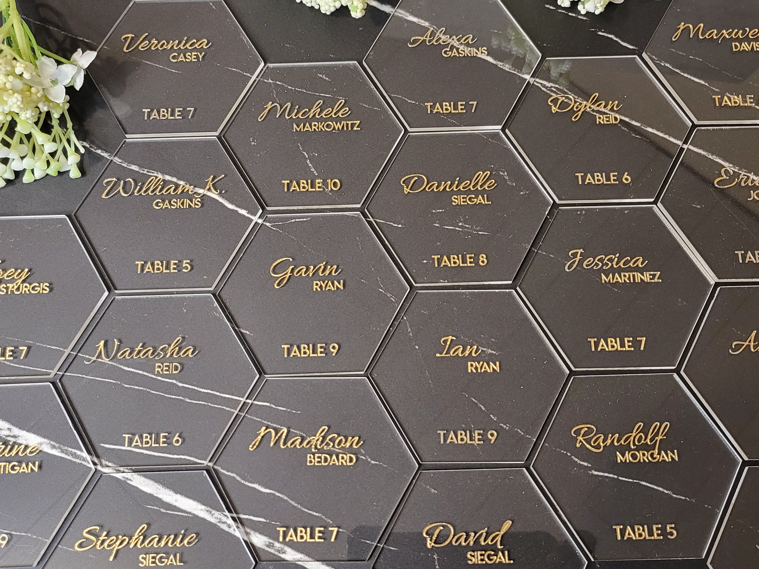 Hexagon Wedding Customized Place Cards | Wood or Acrylic | Personalized Guest Name & Table Tags