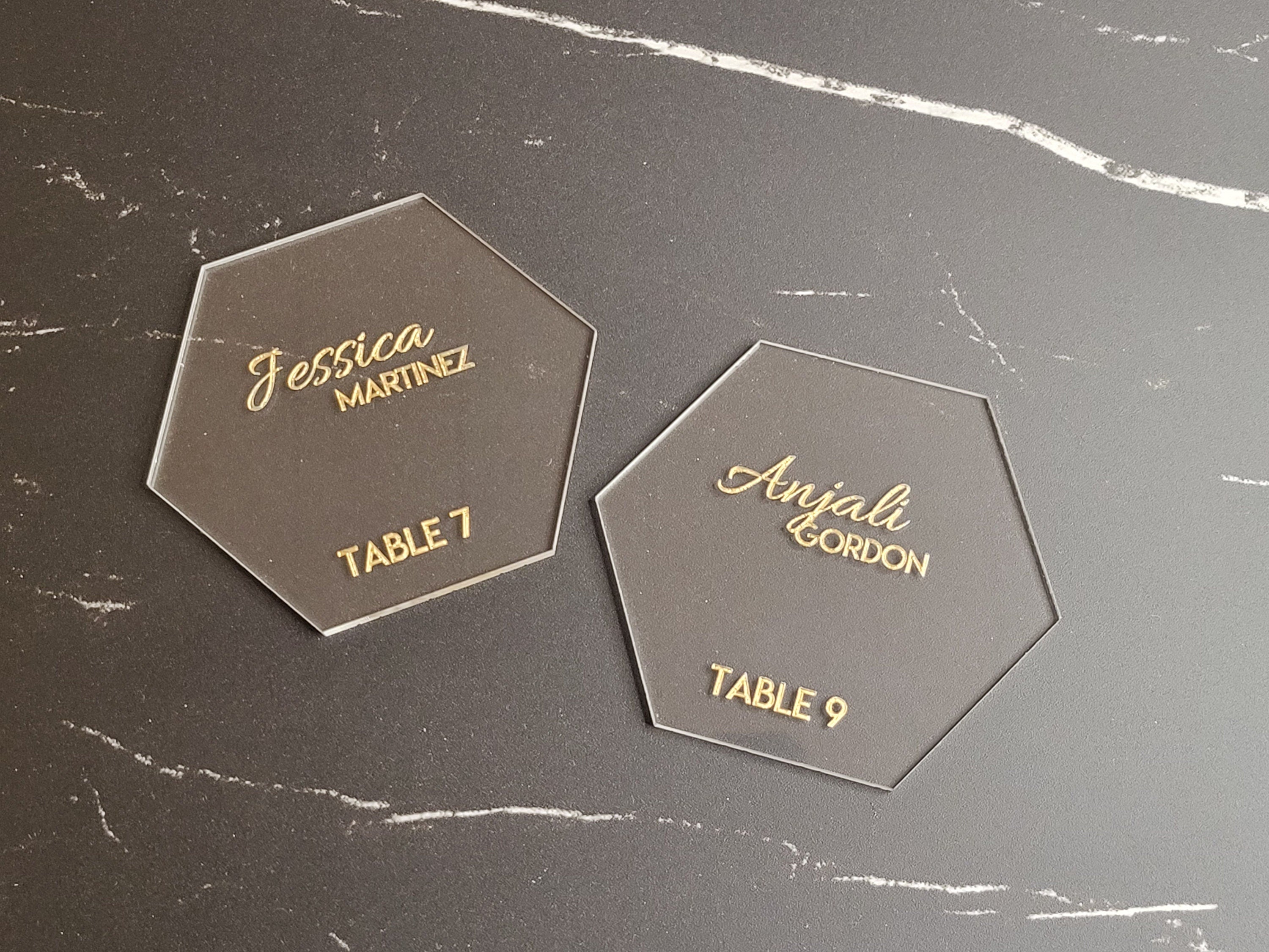 Hexagon Wedding Customized Place Cards | Wood or Acrylic | Personalized Guest Name & Table Tags