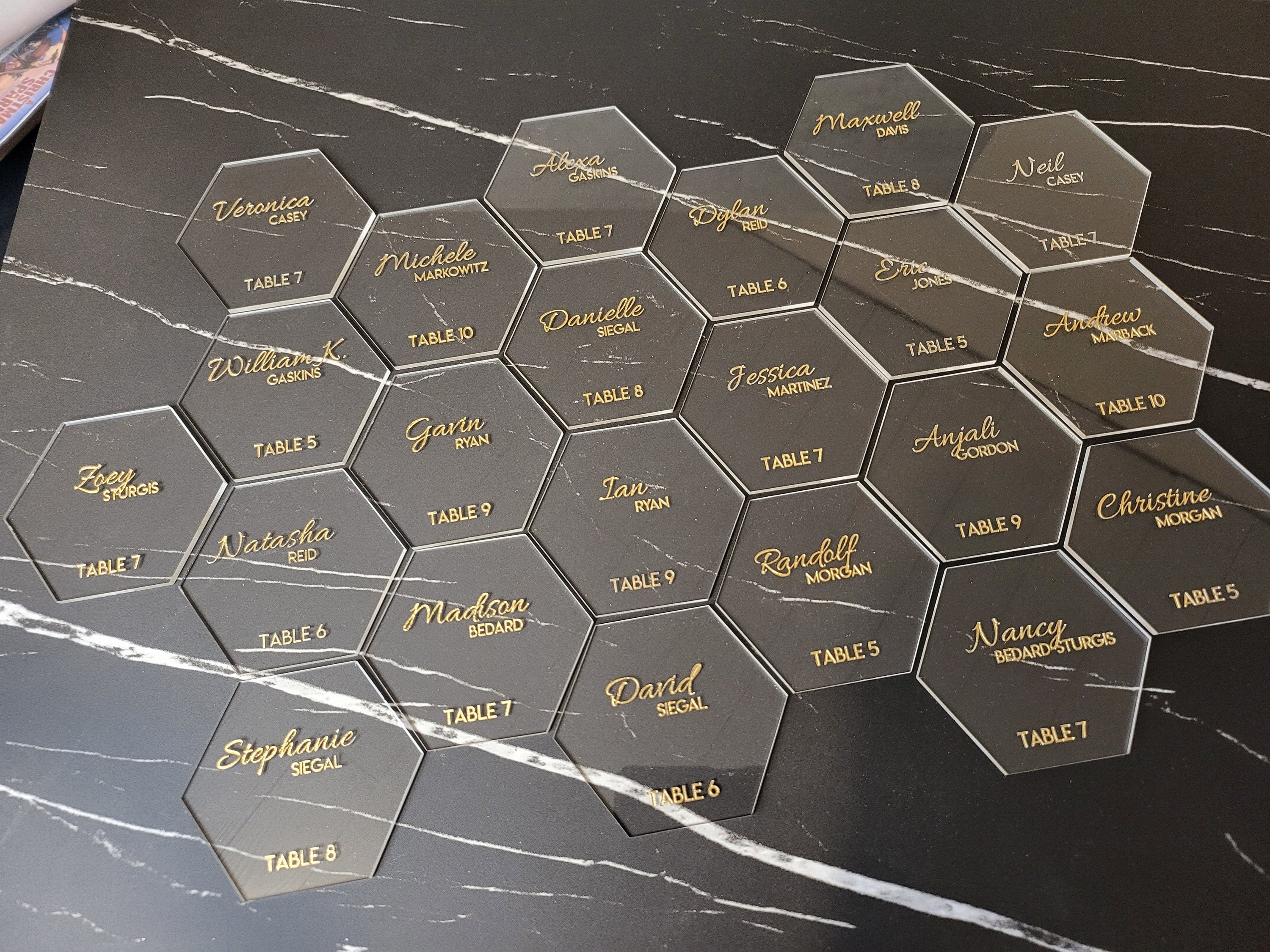Hexagon Wedding Customized Place Cards | Wood or Acrylic | Personalized Guest Name & Table Tags