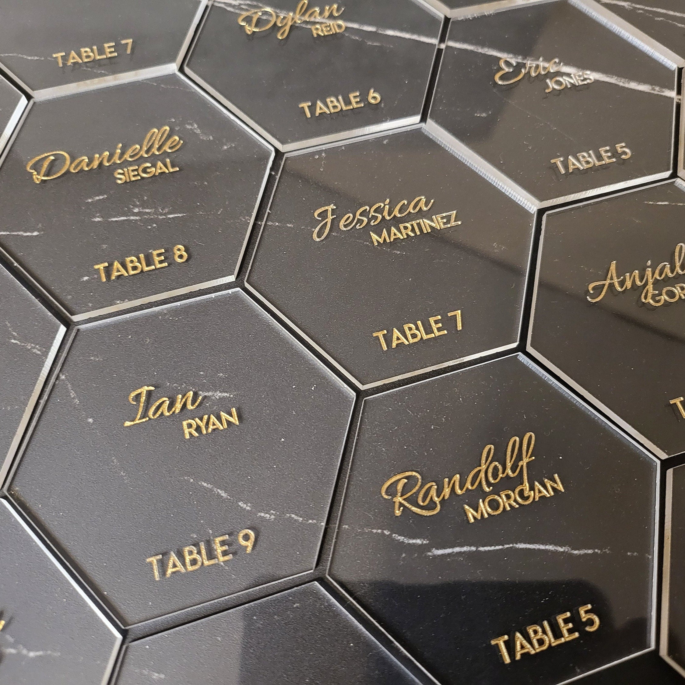Hexagon Wedding Customized Place Cards | Wood or Acrylic | Personalized Guest Name & Table Tags