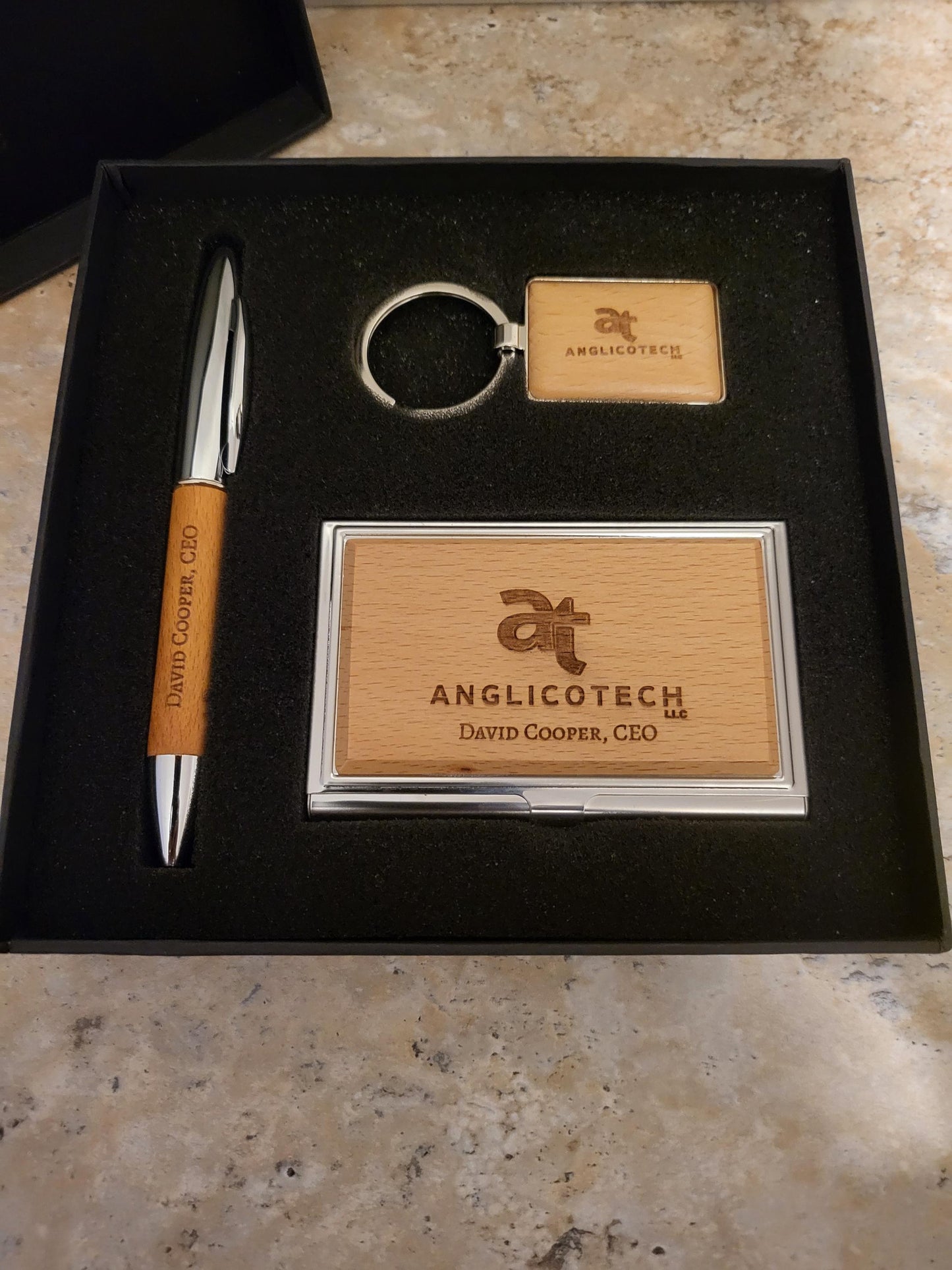 Personalized Silver/Wood Finish Business Card Case, Pen & Keychain Gift Set | Custom Engraved Office Gift Set