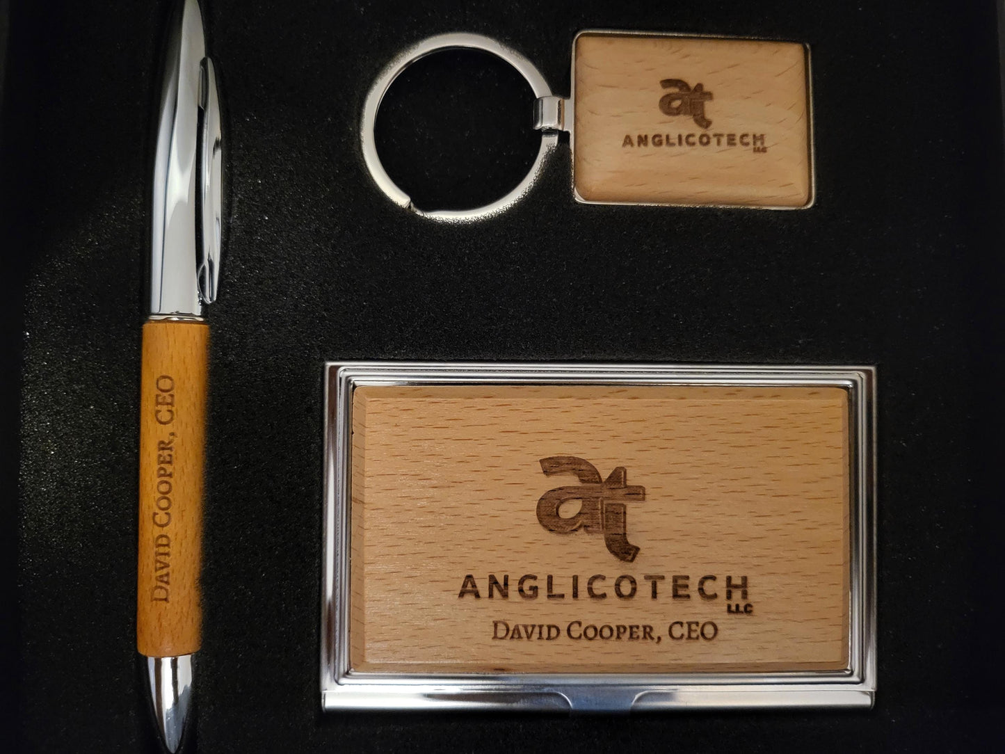 Personalized Silver/Wood Finish Business Card Case, Pen & Keychain Gift Set | Custom Engraved Office Gift Set