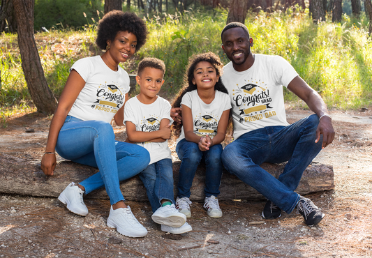 Congrats Grad T-Shirt for Family Black Shirt – Custom Hashtag, Proud Dad, Mom, Aunt, Uncle, Sibling, Cousin – Graduation Party Shirts